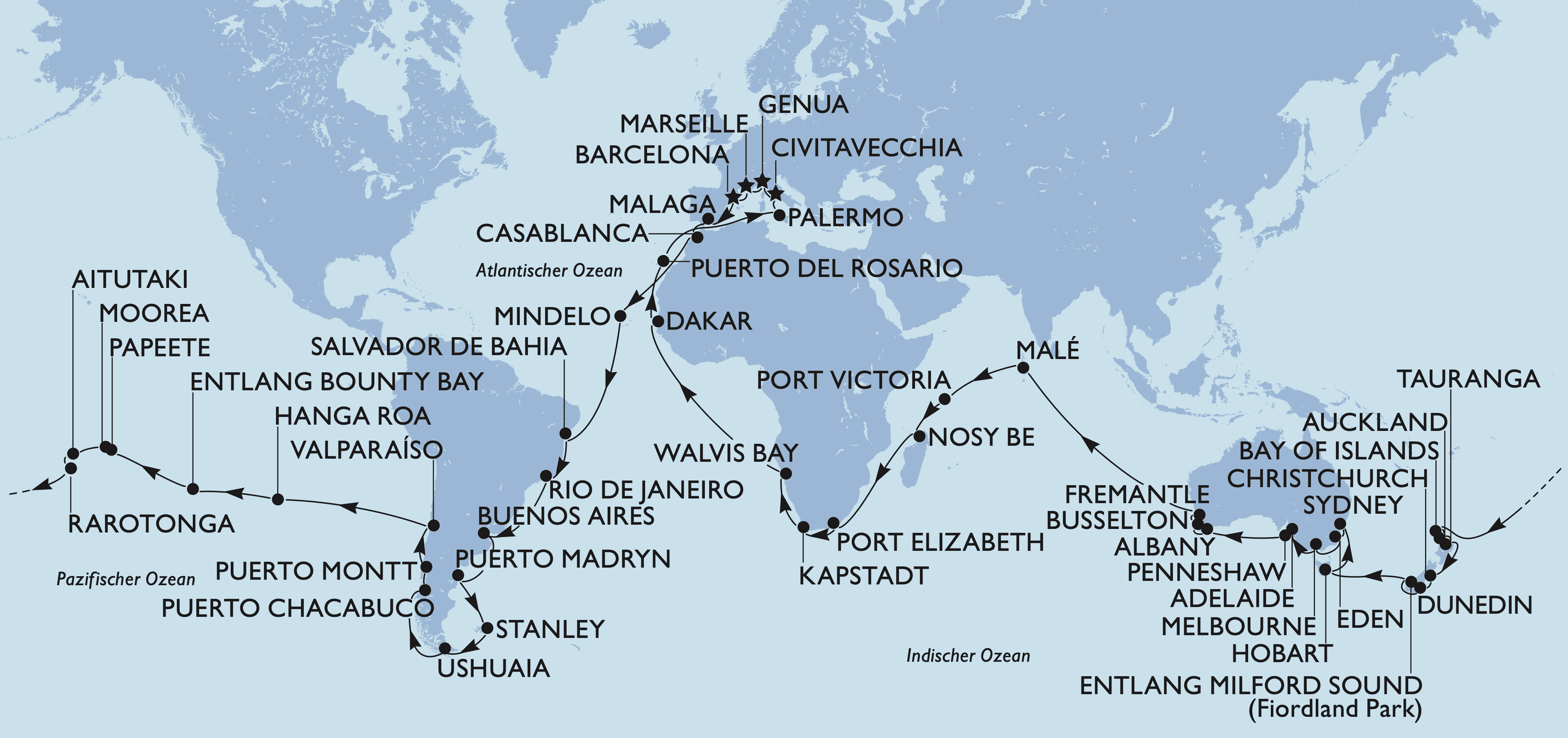 Die Route der MSC World Cruise 2025