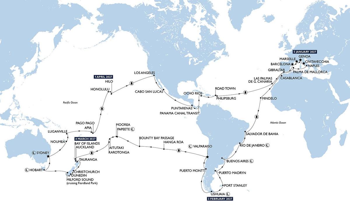 Die Reiseroute der MSC World Cruise 2027