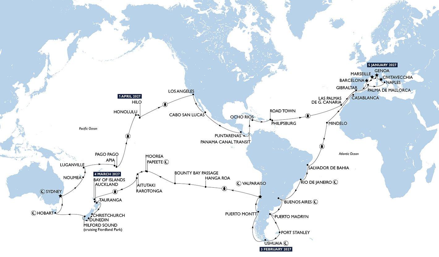 Die Reiseroute der MSC World Cruise 2027